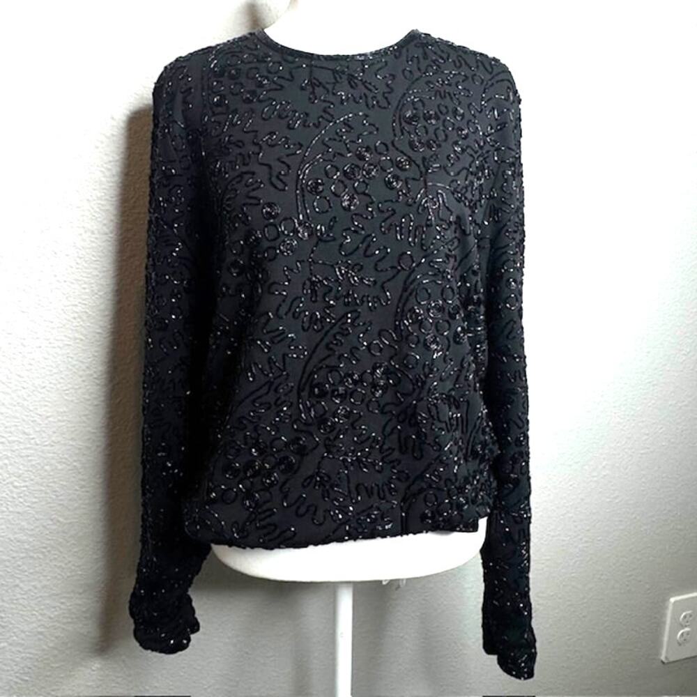 Lauren Ralph Lauren Black Beaded Top Sz L Cropped Shimmer Evening Party Blouse